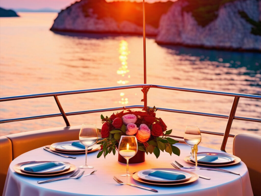 mesa de cena romantica en embarcaicón en santa marta